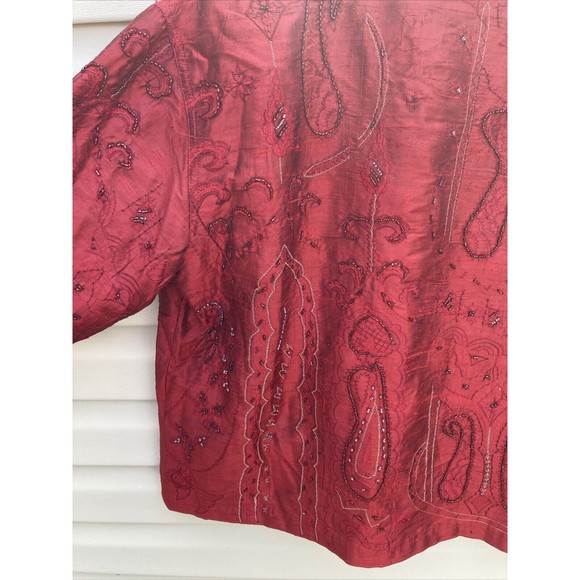 VNTG Chico's Design Medium/1 Red Pure Silk Jacket Abstract Beaded Embroidery NWT - Picture 9 of 11